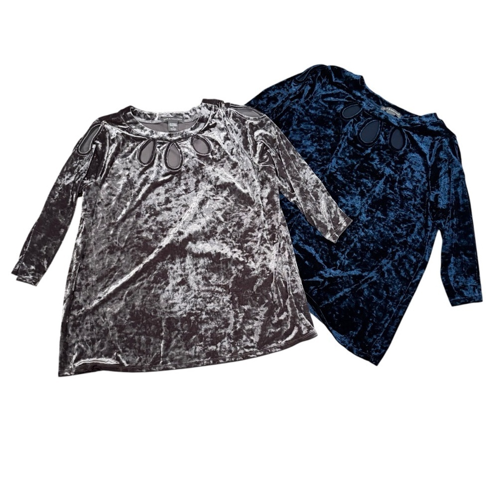 2 for 1 KATE &MALLORY Woman Plus Size Blue & Gray Velvet Cold Shoulder Blouse 1X